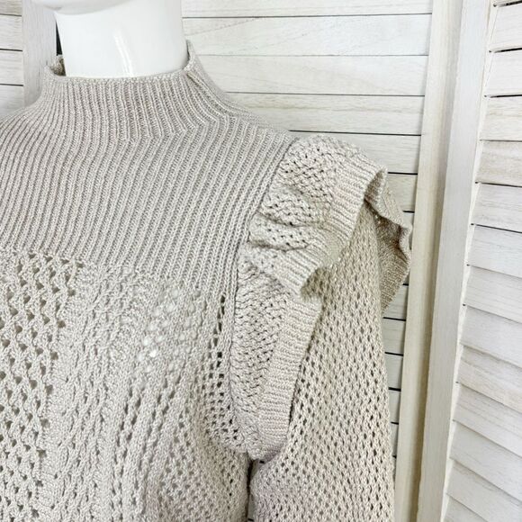 Happy Nature Ruffle Shoulder Mock Neck Open Weave Sweater Tan Beige Medium - Picture 6 of 13